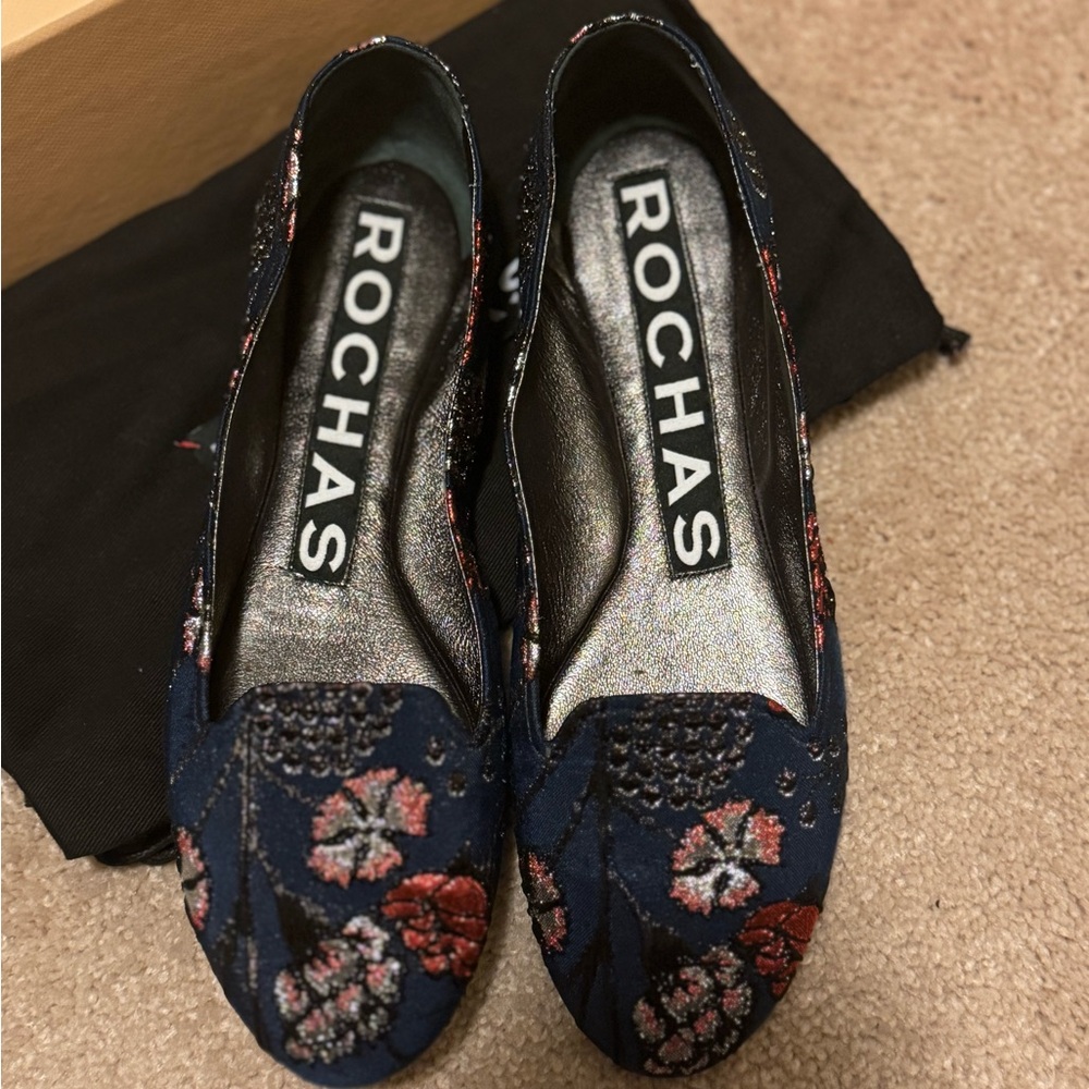 Rochas Floral Print Jacquard Embroidered Accent Ballet Flats Navy Barneys NY
